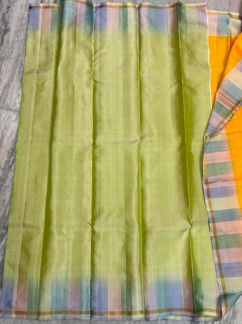 Soft Silk Saree Yellow | Latest Kanchi Design with Striped Zari Border &amp; Blouse Piece - pochampallysarees.com