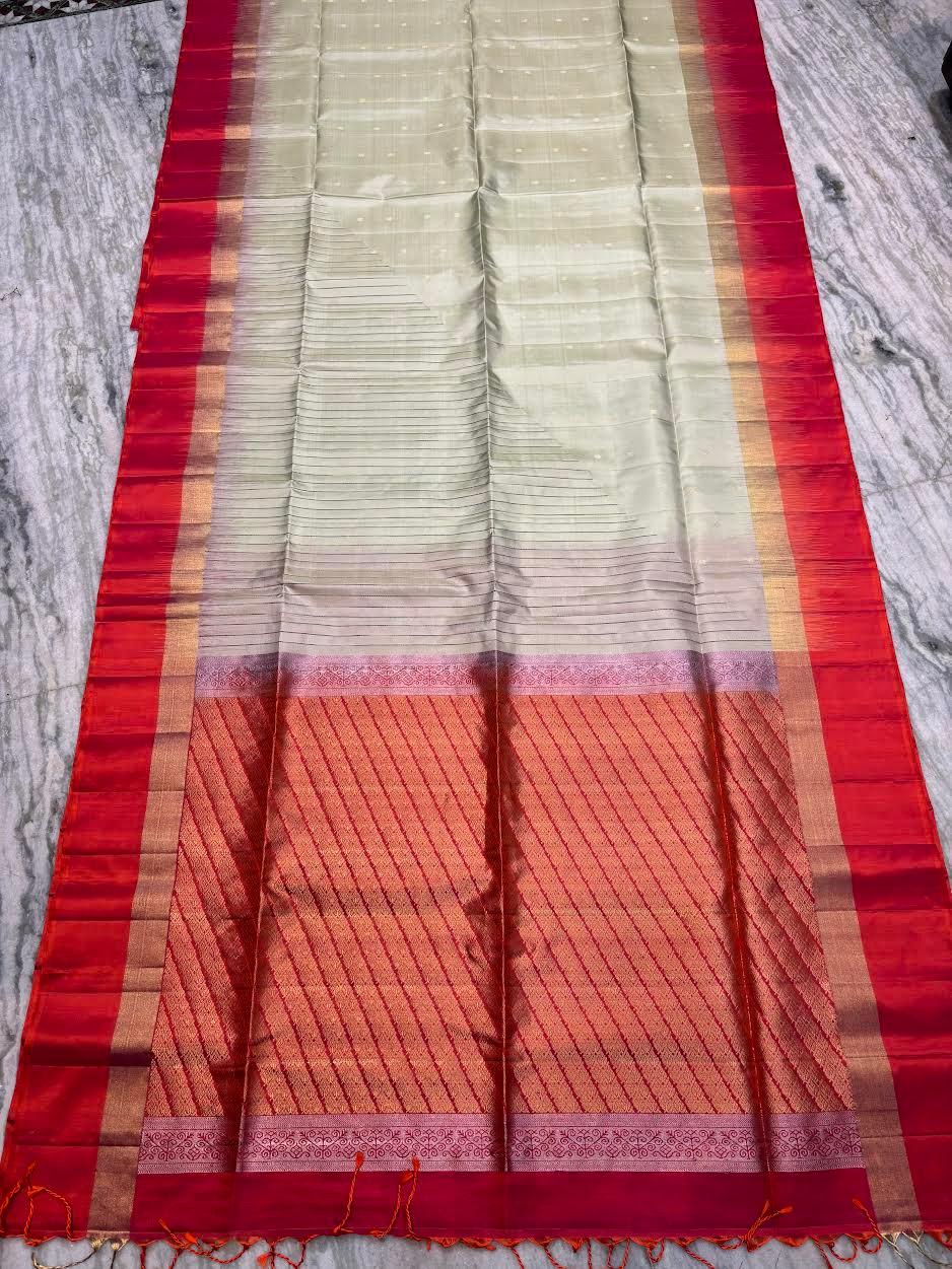 Women’s Pure Soft Silk Saree in Cream &amp; Red with Vertical Zari Stripes | Designer Traditional Ethnic Wear with Rich Diagonal Weave Pallu &amp; Blouse Piece - pochampallysarees.com