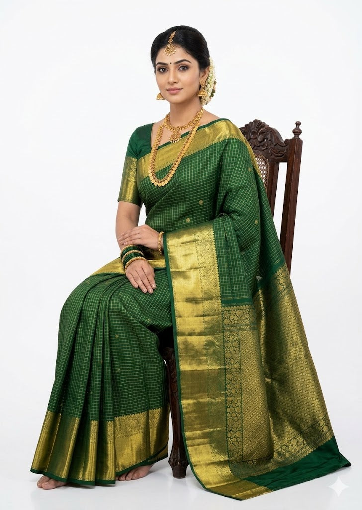 A beautiful Indian woman sitting gracefully on a carved wooden chair, wearing a traditional dark green Kanchipuram pattu saree featuring a fine gold zari checkered body and a rich gold brocade pallu, set against a clean white background.