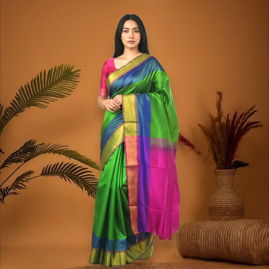 PURE UPPADA SILK SAREE GREEN BODY PLAIN AND PINK - pochampallysarees.com