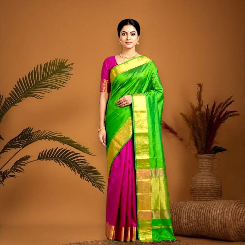 Uppada Silk Langa voni Pink Green Sari - pochampallysarees.com