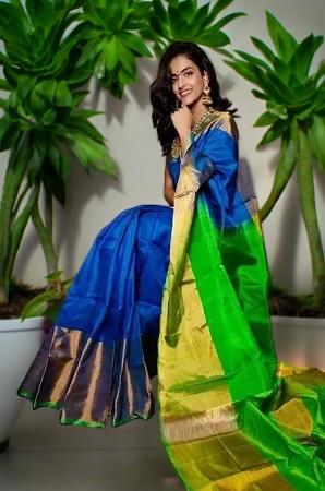 Uppada Silk Body Blue, Uppada Pallu Contrast Uppada Green Blouse - pochampallysarees.com