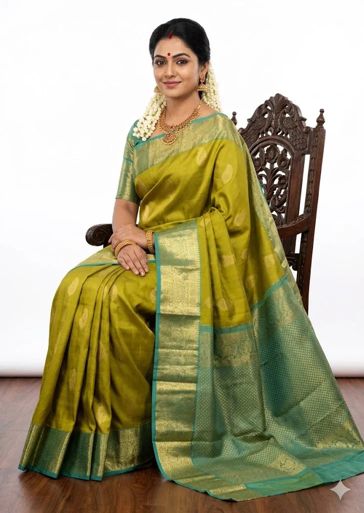 A beautiful Indian woman adorned with traditional jewelry and a jasmine gajra in her hair, sitting gracefully on a carved wooden chair. She is draped in a striking chartreuse green pure Kanchipuram pattu silk saree featuring golden paisley bhuttas and a rich, contrasting teal border and pallu with intricate gold zari work.