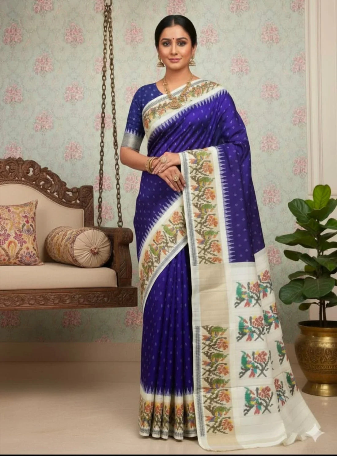 Royal Blue Ikkat Silk Saree with Contrast Cream Paithani-Style Border &amp; Temple Design | Traditional Festive Art Silk Drape with Unstitched Blouse - pochampallysarees.com
