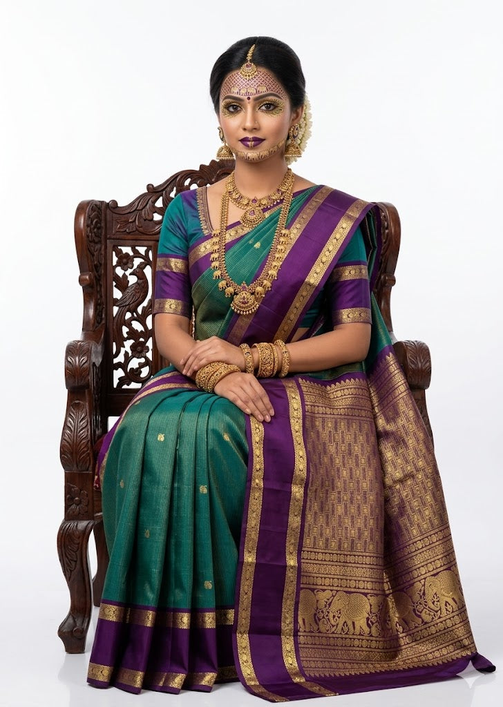 Indian woman seated on a carved wooden chair wearing a teal green pure Kanchipuram silk saree with a contrast purple border and intricate gold zari work, styled with heavy gold temple jewelry against a white background.