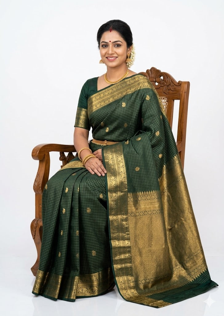 A smiling Indian woman seated on a carved wooden chair, wearing a traditional dark green Kanchipuram pattu saree with fine gold checks, zari motifs, and a broad gold border. She is styled with traditional gold jewelry and jasmine flowers in her hair against a seamless white background.