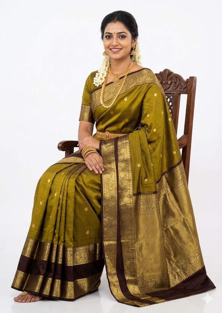 A beautiful Indian woman sitting on a carved wooden chair, wearing a traditional olive green pure Kanchipuram pattu saree with gold zari motifs, a dark contrast border, and heavy gold jewelry, against a plain white background.