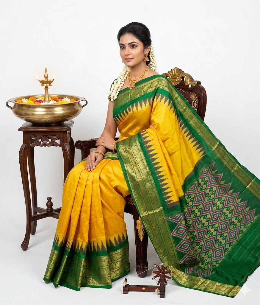 A beautiful traditional Indian woman seated on a wooden chair, modeling a bright yellow Pochampally Ikkat silk saree with an emerald green zari border and intricate geometric diamond pallu. She is wearing traditional gold jewelry and jasmine flowers in her hair, positioned next to a brass diya and floral bowl against a clean white background.