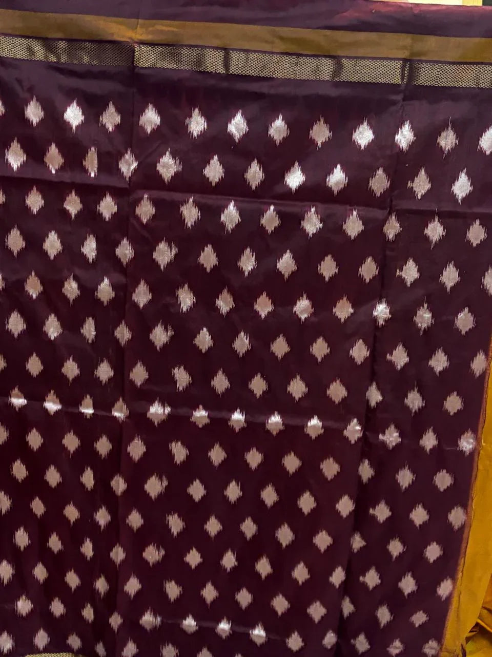 POCHAMPALLY IKKAT SILK MIDDLE YELLOW BORDER AND PALLU CHOCOLATE ZARI BORDER IKKAT DESIGN SAREE