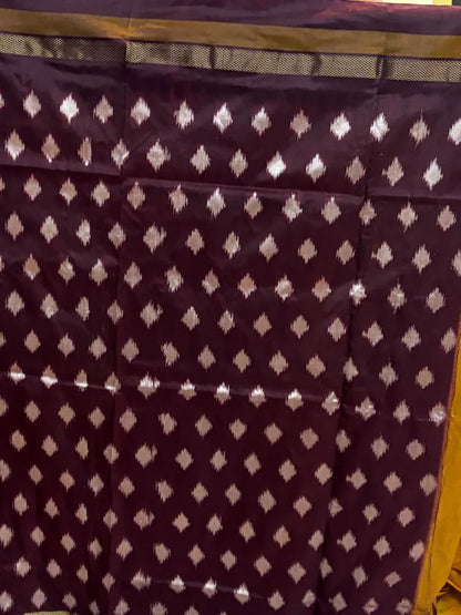 POCHAMPALLY IKKAT SILK MIDDLE YELLOW BORDER AND PALLU CHOCOLATE ZARI BORDER IKKAT DESIGN SAREE