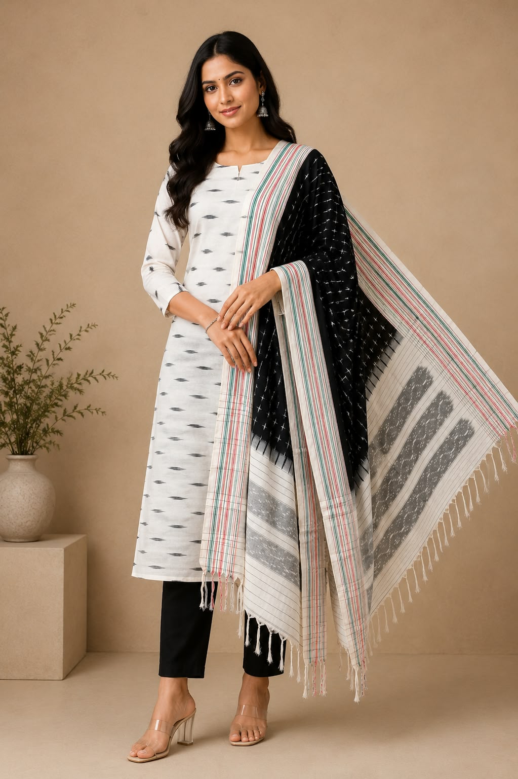 Off-White &amp; Charcoal Black Handloom Double Ikkat Cotton Dress Material Set with Striped Border Dupatta