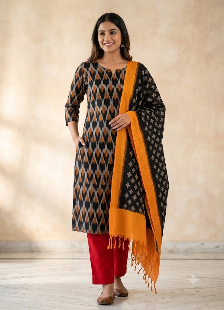DOUBLE IKAT COTTON BLACK WITH YELLOW COLOR DRESS MATERIAL-B50