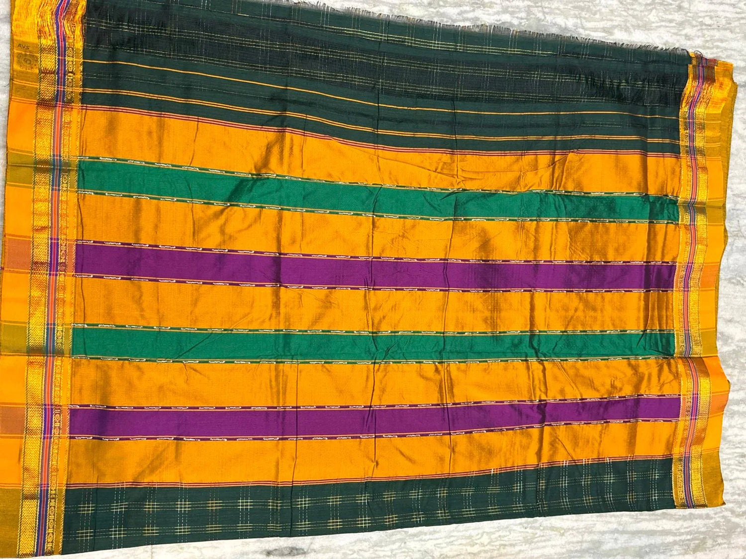 Pure Kuppadam Silk Cotton Saree in Bottle Green with Zari Checks &amp; Contrast Striped Pallu - pochampallysarees.com