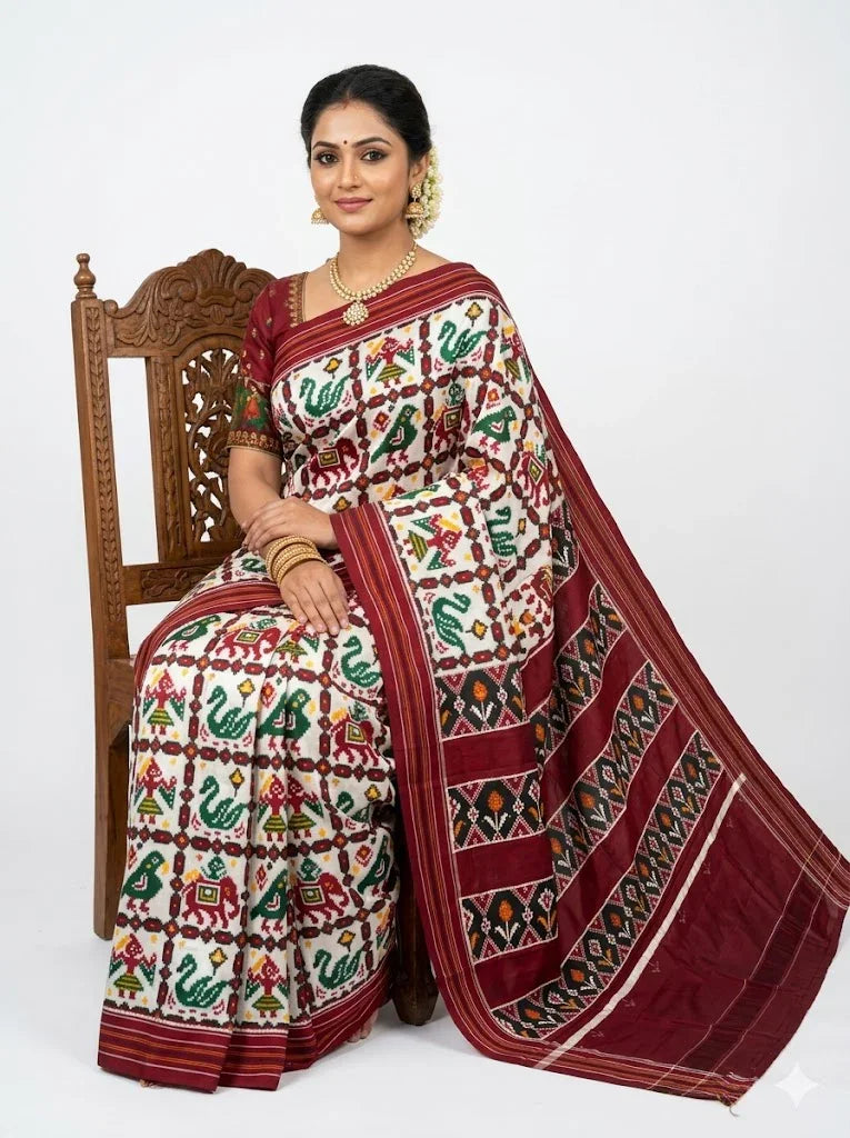 Handwoven Nari Kunj Patan Patola Silk Saree | Authentic Ikat - pochampallysarees.com