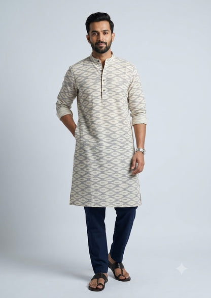 Off-White &amp; Black Pochampally Ikat Fabric – Pure Handloom Cotton Material