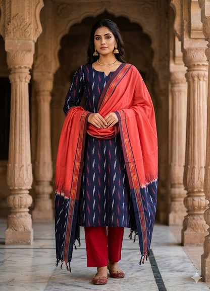 Pure Handloom Ikat Navy Blue and Coral Red Unstitched Suit Set