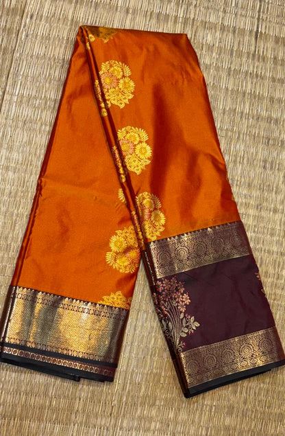 Mustard Rust &amp; Deep Wine Semi Dharmavaram Silk Saree with Floral Buttas and Zari Pallu