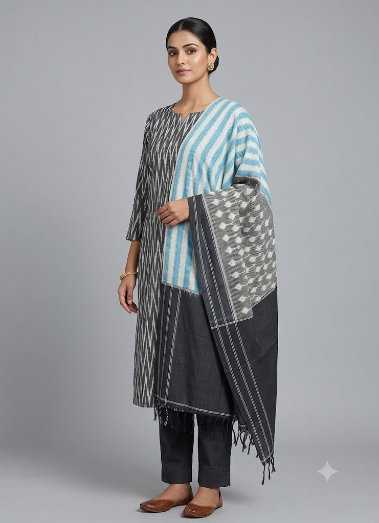 DOUBLE IKKAT COTTON GRAY WITH BLACK COLOR DRESS MATERIAL - C71