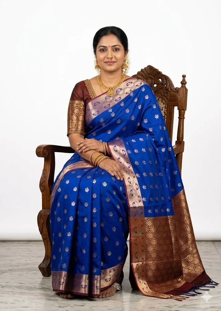 Dharmavaram Pattu Traditional Royal Blue Saree with Rich Maroon Contrast Border and Gold Zari Work - pochampallysarees.com
