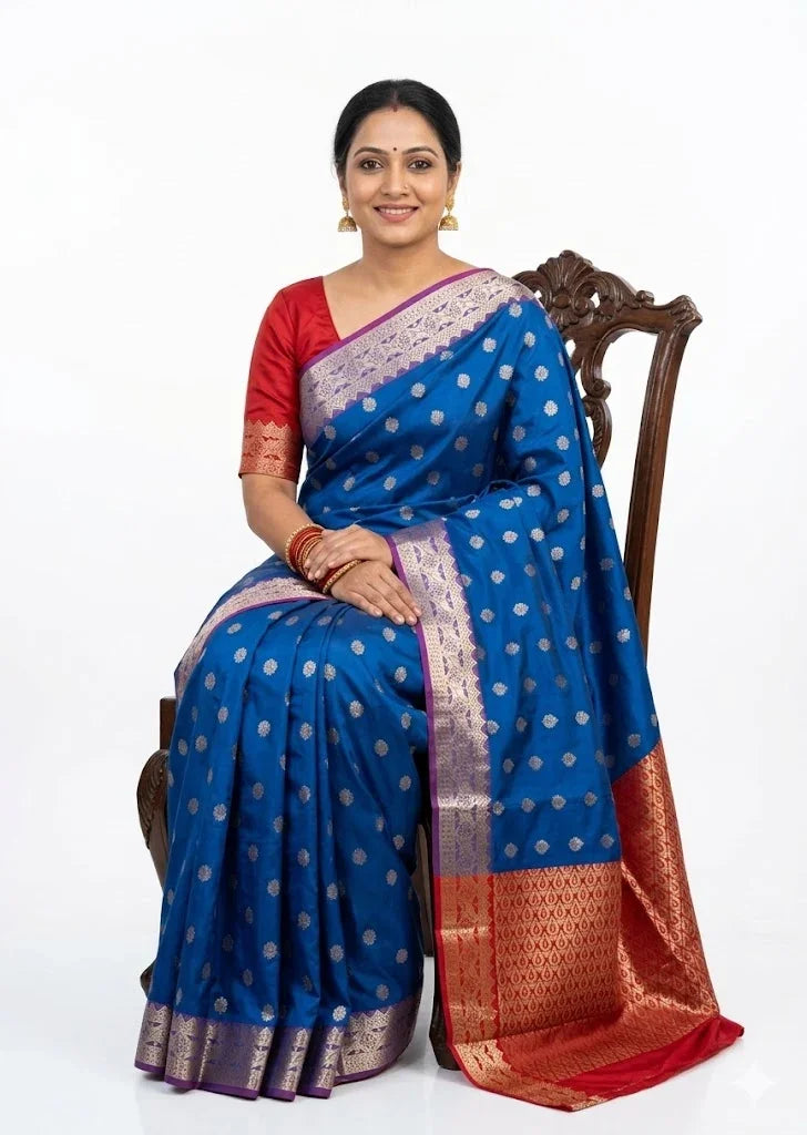 Magnificent Royal Blue Dharmavaram Pattu Saree with Silver Zari and Rich Red Contrast Pallu - pochampallysarees.com