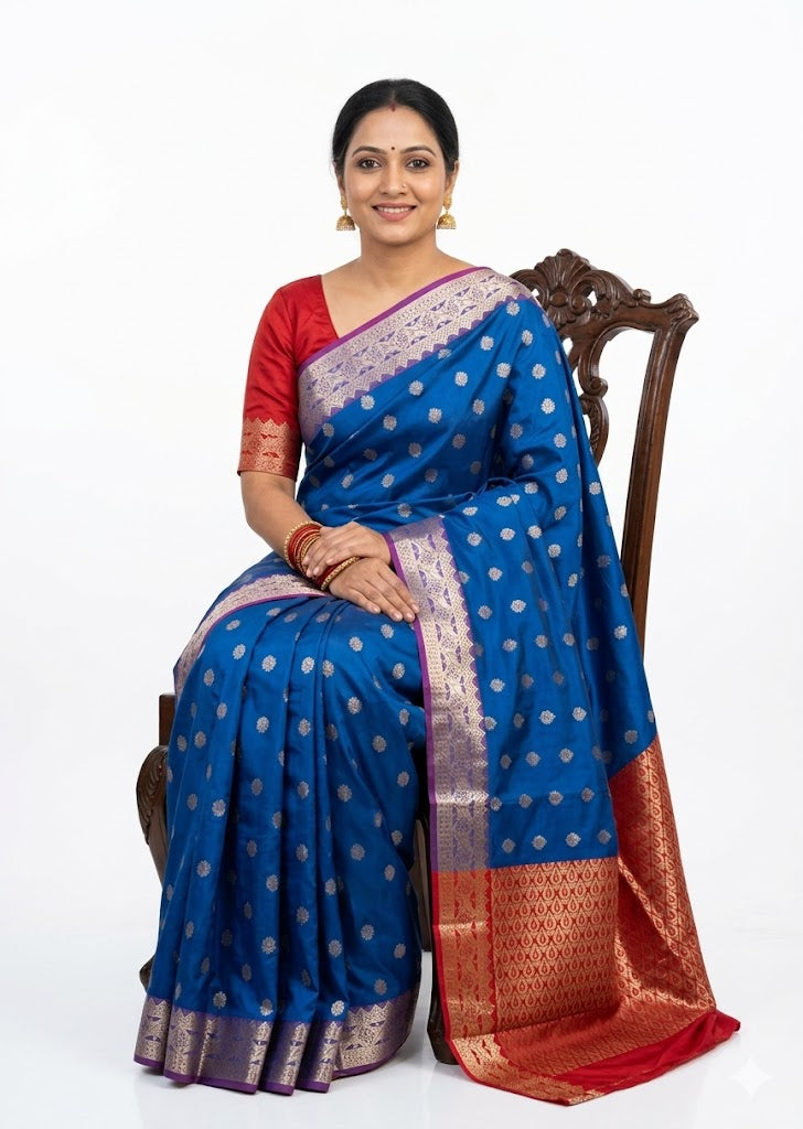 Magnificent Royal Blue Dharmavaram Pattu Saree with Silver Zari and Rich Red Contrast Pallu