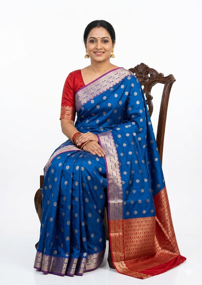 Magnificent Royal Blue Dharmavaram Pattu Saree with Silver Zari and Rich Red Contrast Pallu