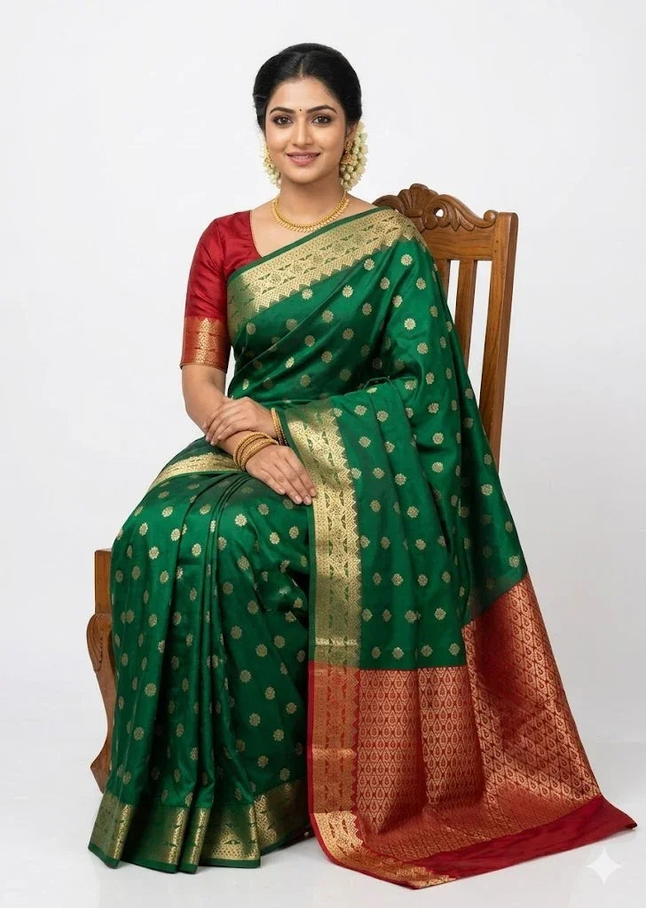 Exquisite Emerald Green Dharmavaram Pattu Saree with Contrast Red Zari Pallu - pochampallysarees.com
