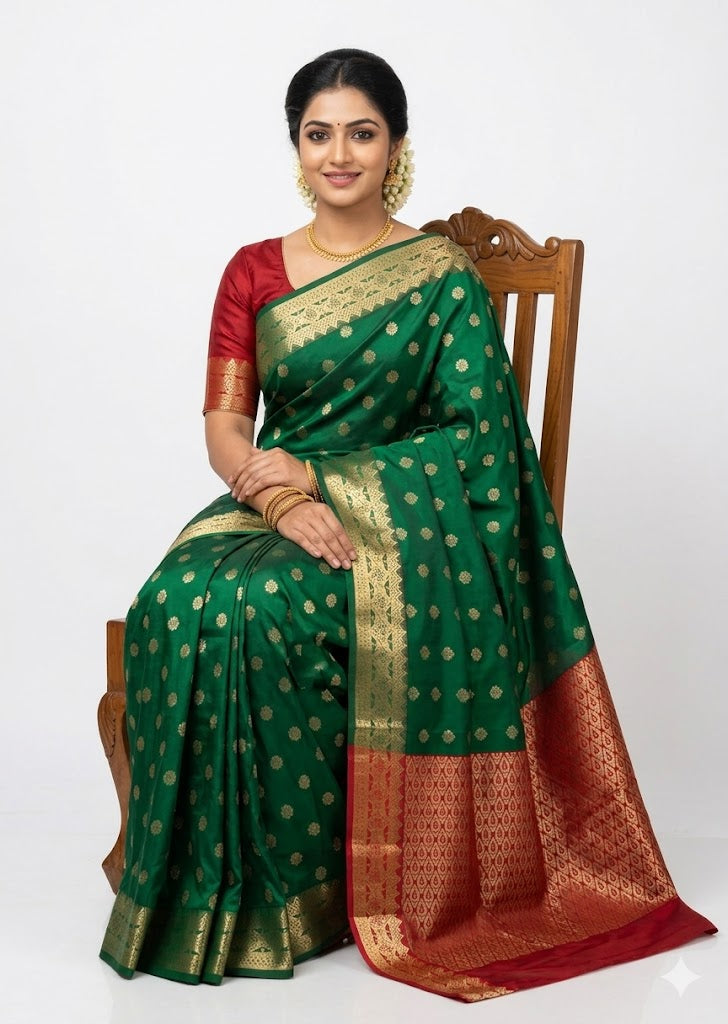 Exquisite Emerald Green Dharmavaram Pattu Saree with Contrast Red Zari Pallu
