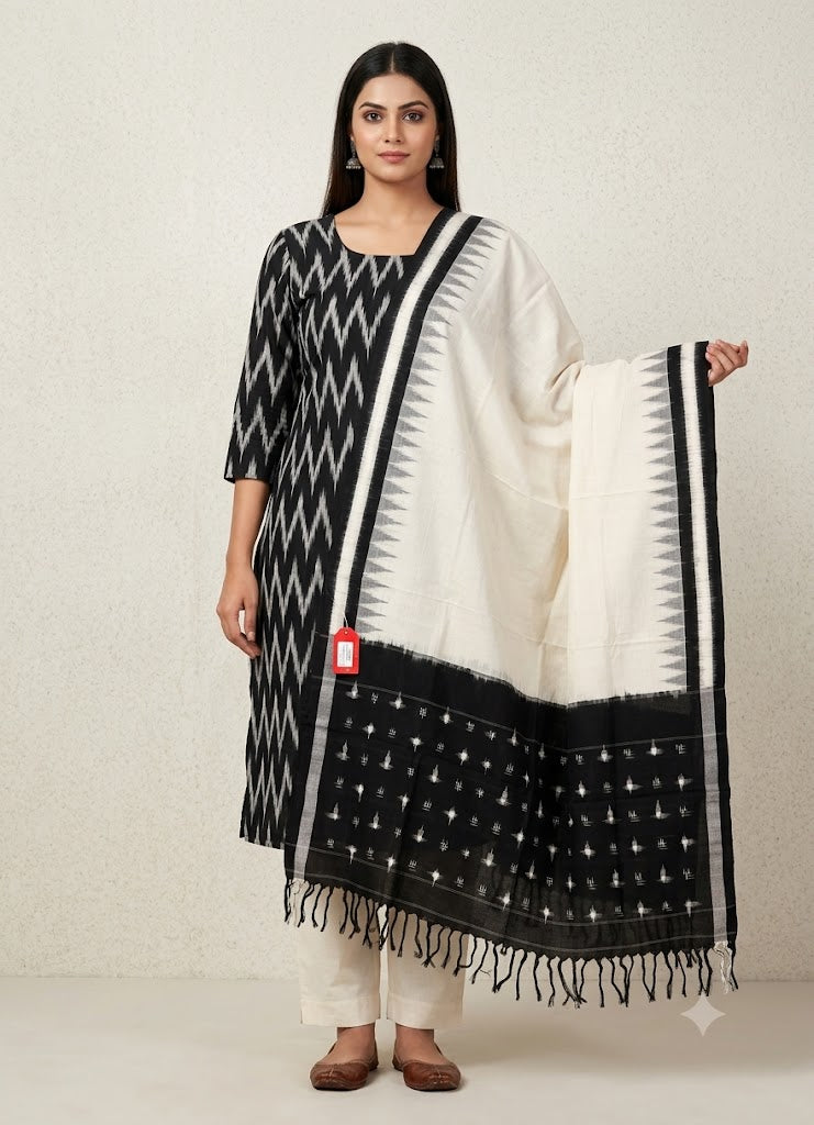 POCHAMPALLY IKAT COTTON WHITE WITH BLACK COLOR DRESS MATERIAL -C64