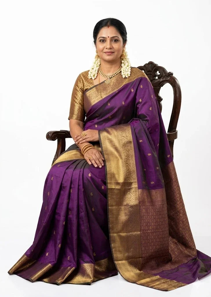 Authentic Magenta Purple Dharmavaram Silk Saree with Heavy Gold Zari Border - pochampallysarees.com