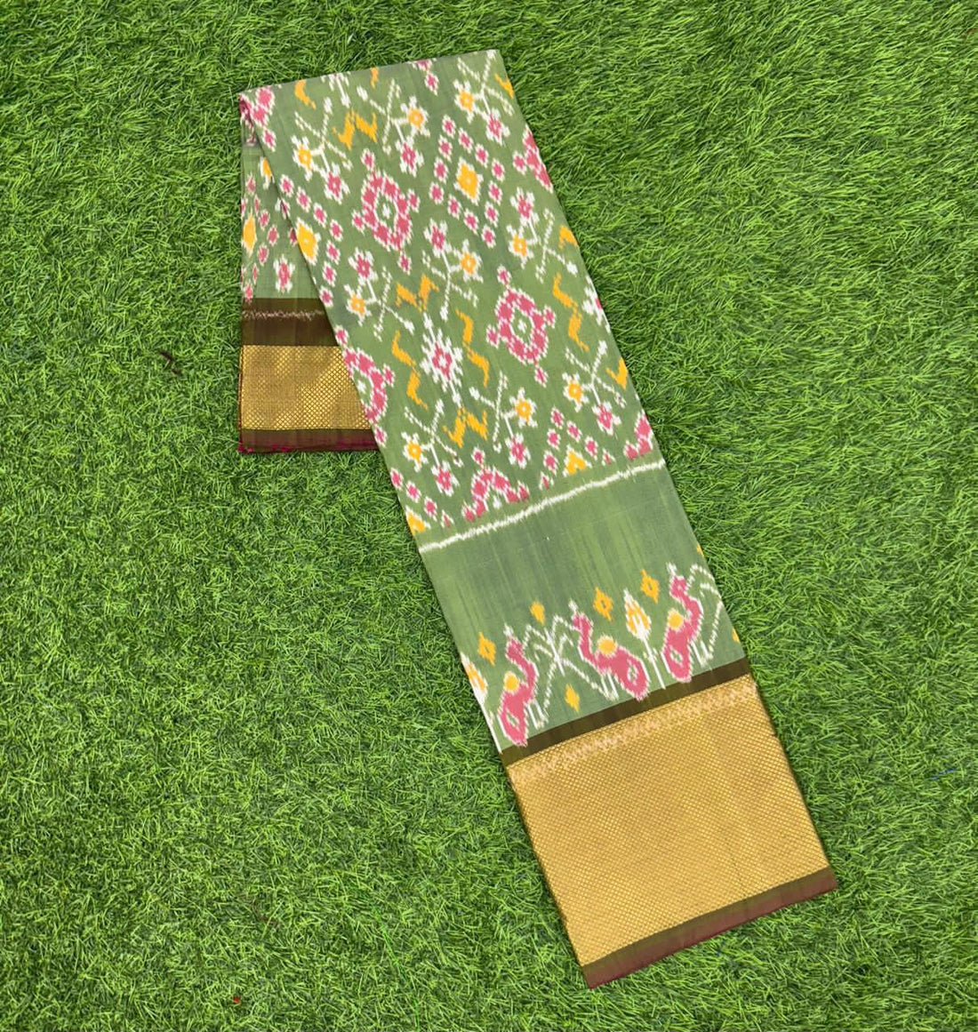 Light green And Chockolet Ikkat Silk Big Size Lehenga (8 Years to 50 Years)with silk mark