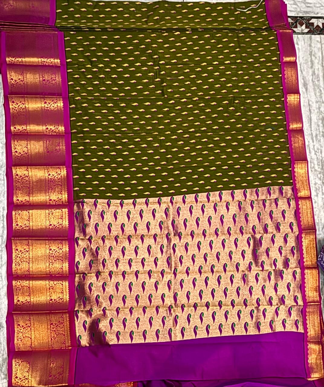 Traditional Olive Green and Magenta Silk Saree