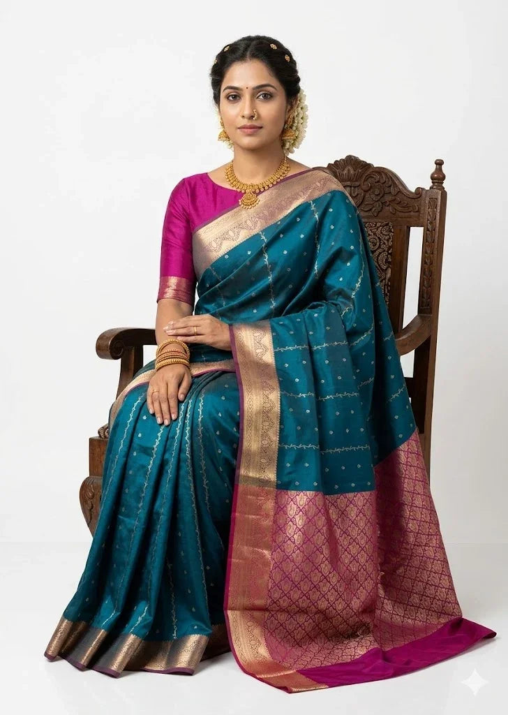 Dharmavaram Pattu Traditional Teal Blue Silk Saree with Magenta Gold Zari Border & Pallu - pochampallysarees.com