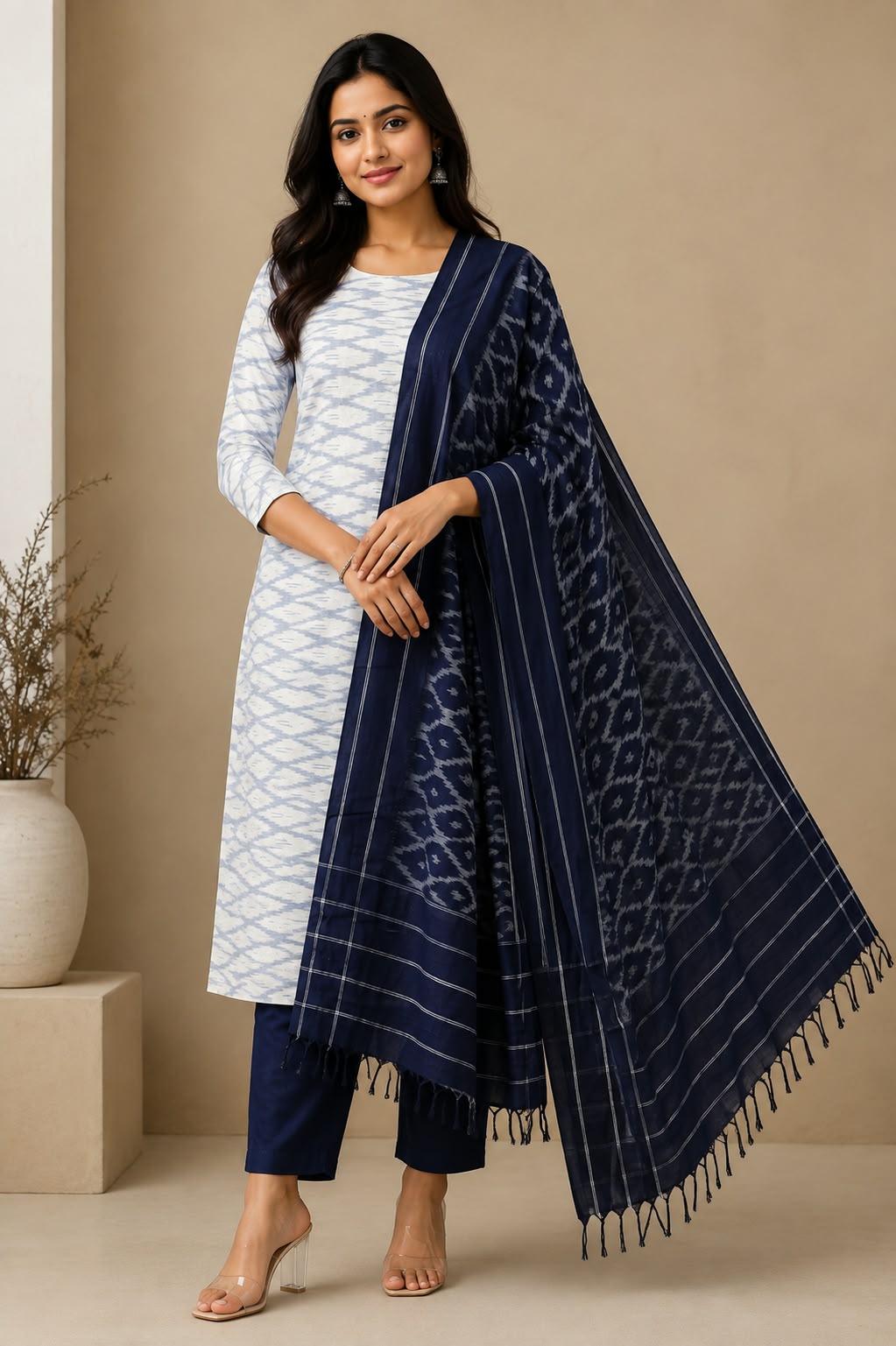 Off-White &amp; Midnight Navy Blue Handloom Double Ikkat Cotton Dress Material Set