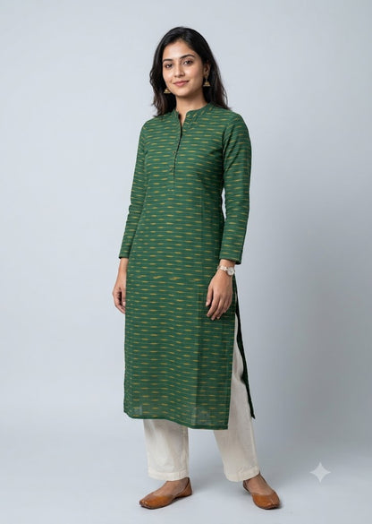 Handloom Bottle Green Pochampally Ikat Cotton Fabric