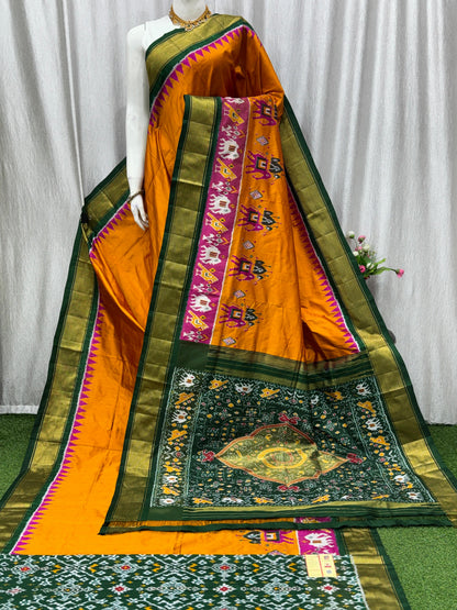 Golden Yellow Traditional Silk Saree with Green Pallu &amp; Elephant Motifs - pochampallysarees.com