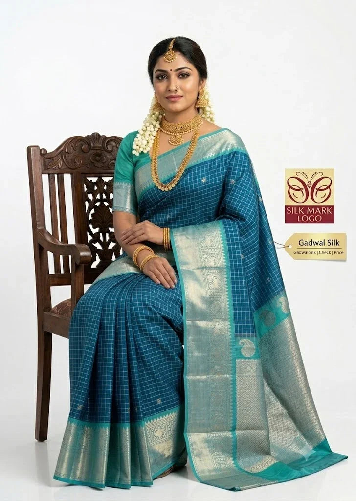 Gadwal Silk Sarees: Classic Royal Blue & Sea Green Checkered Handloom Classics - pochampallysarees.com