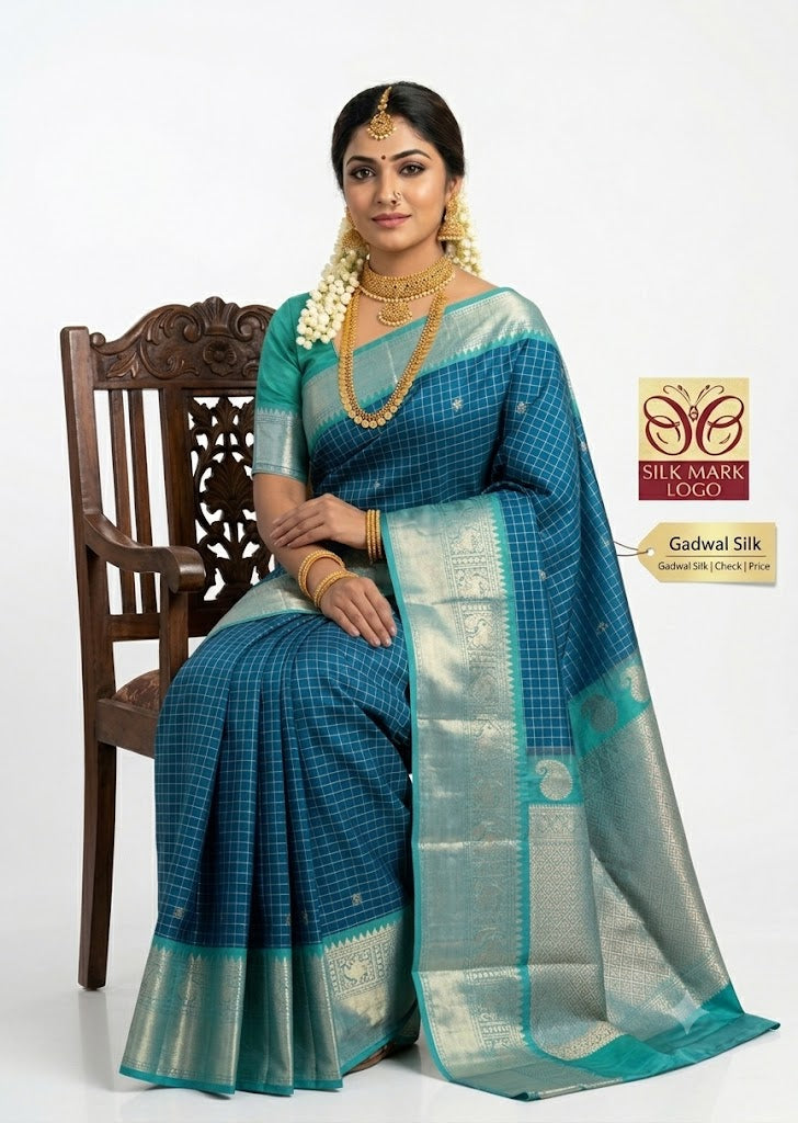 Gadwal Silk Sarees: Classic Royal Blue &amp; Sea Green Checkered Handloom Classics - pochampallysarees.com