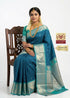 Gadwal Silk Sarees: Classic Royal Blue & Sea Green Checkered Handloom Classics - pochampallysarees.com