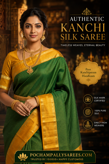 Pure Kanchipuram Soft Silk Saree - Emerald Green &amp; Mustard Yellow