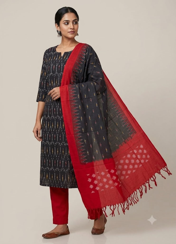 DOUBLE IKAT BLACK WITH RED COLOR DRESS MATERIAL-B5