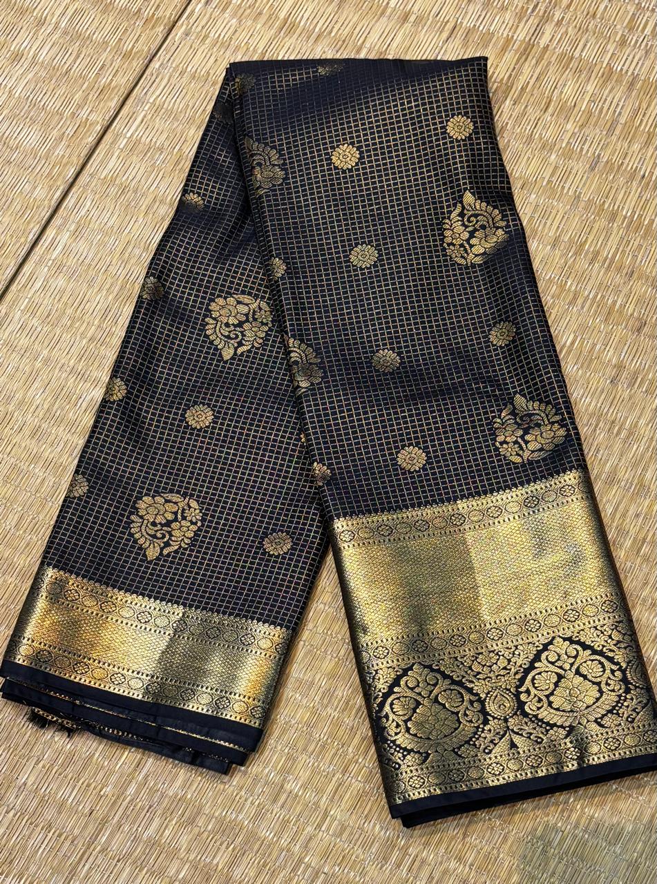 Classic Black &amp; Antique Gold Semi Dharmavaram Silk Saree with Zari Checks and Brocade Pallu