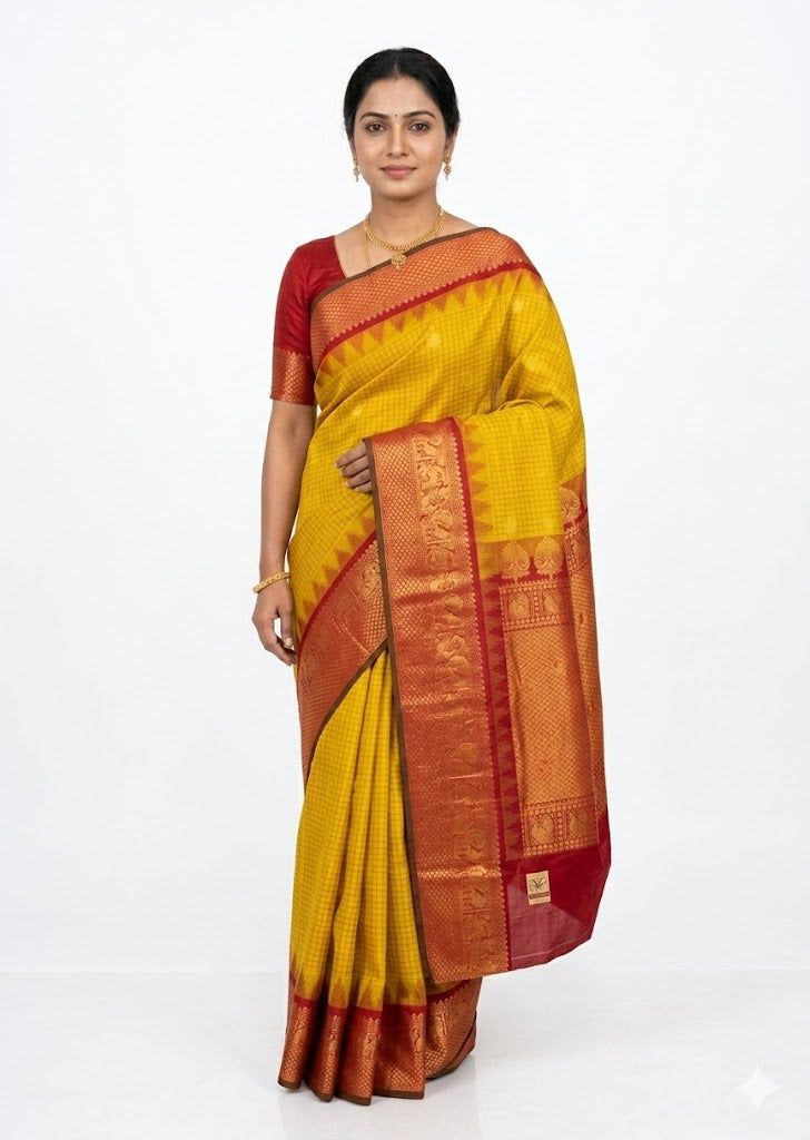 Pure Gadwal Silk Saree in Mustard Yellow Checks with Rich Red Zari Border - pochampallysarees.com