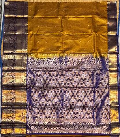 Antique Mustard Gold &amp; Royal Blue Semi Dharmavaram Silk Saree with Zari Checks and Brocade Pallu
