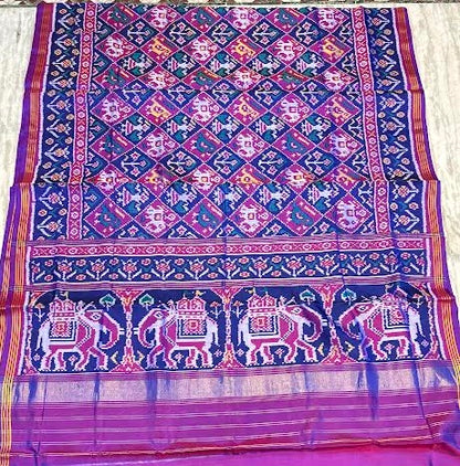 Royal Purple Real Patola Silk Saree with Elephant Motif Pallu and Zari Border