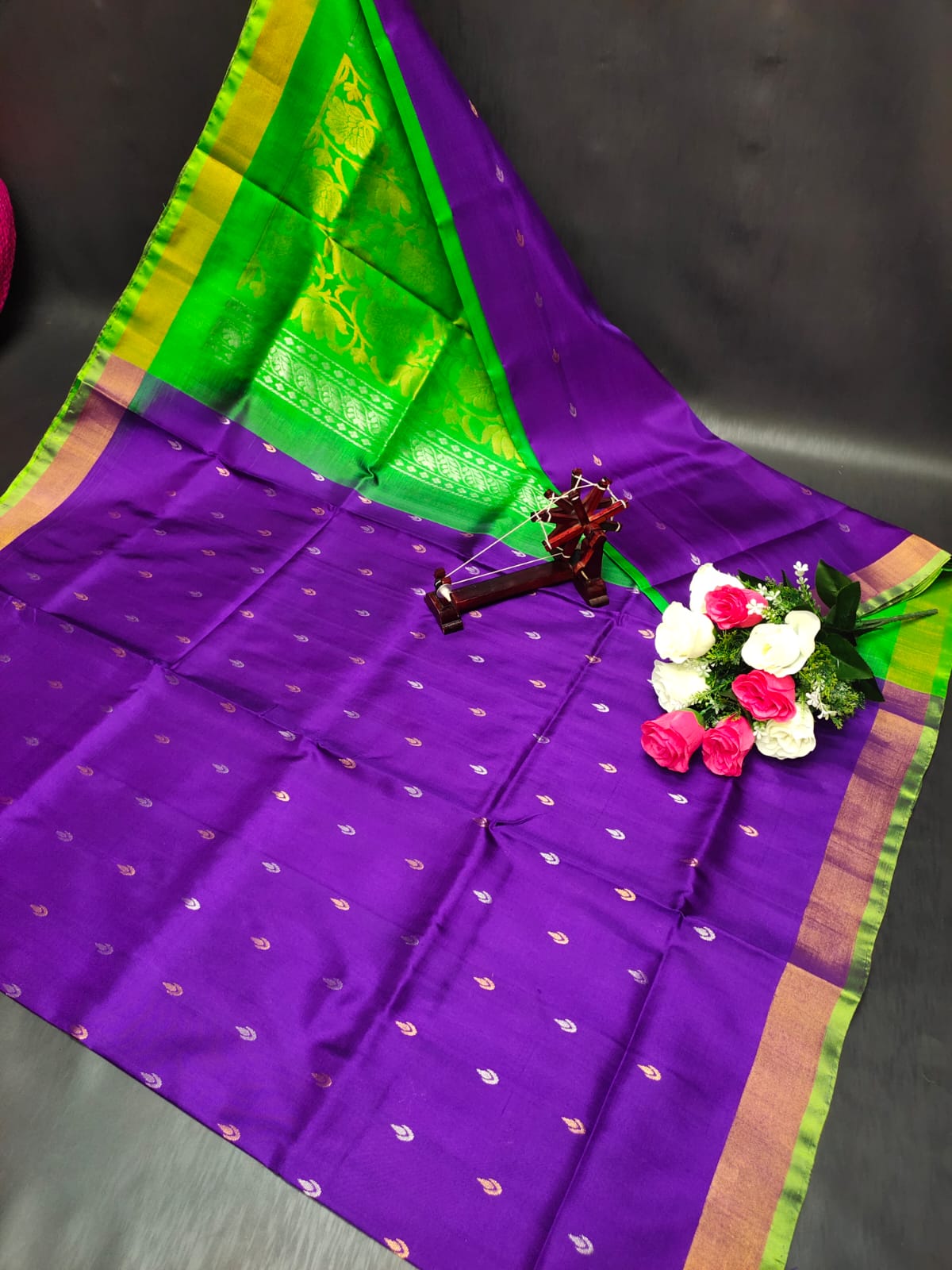 Deep Purple and Parrot Green Uppada Pattu Silk Saree with Zari Motifs - pochampallysarees.com