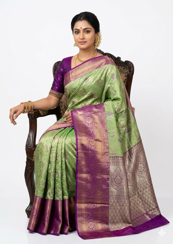Elegant Light Green Dharmavaram Silk Saree with Rich Purple Zari Border