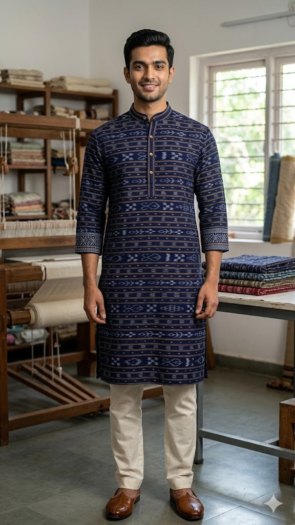 Navy Blue Sambalpuri Ikat Running Fabric – Authentic Odisha Handloom Cotton