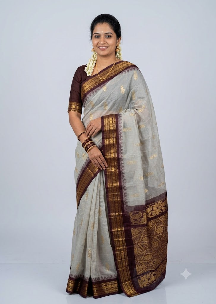 Traditional Light Grey Gadwal Cotton Saree with Dark Maroon Zari Border gc17