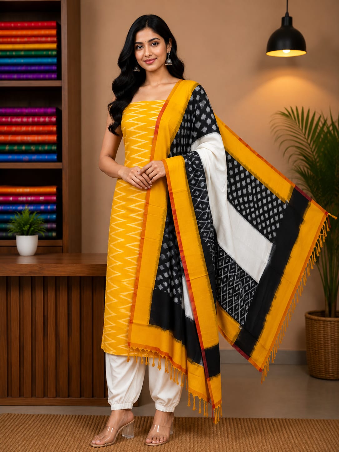 Mustard Yellow &amp; Off-White Handloom Double Ikkat Cotton Dress Material Set with Geometric Pallu Dupatta-d42